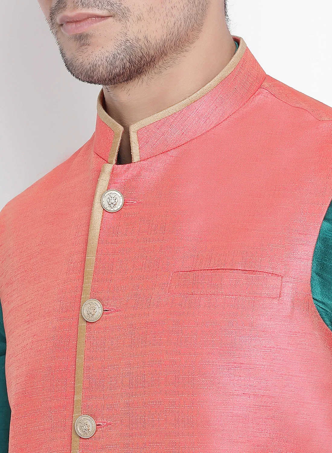 Green Cotton Silk Blend Ethnic Jacket, Kurta, and Dhoti Pant Set for Men by VASTRAMAY