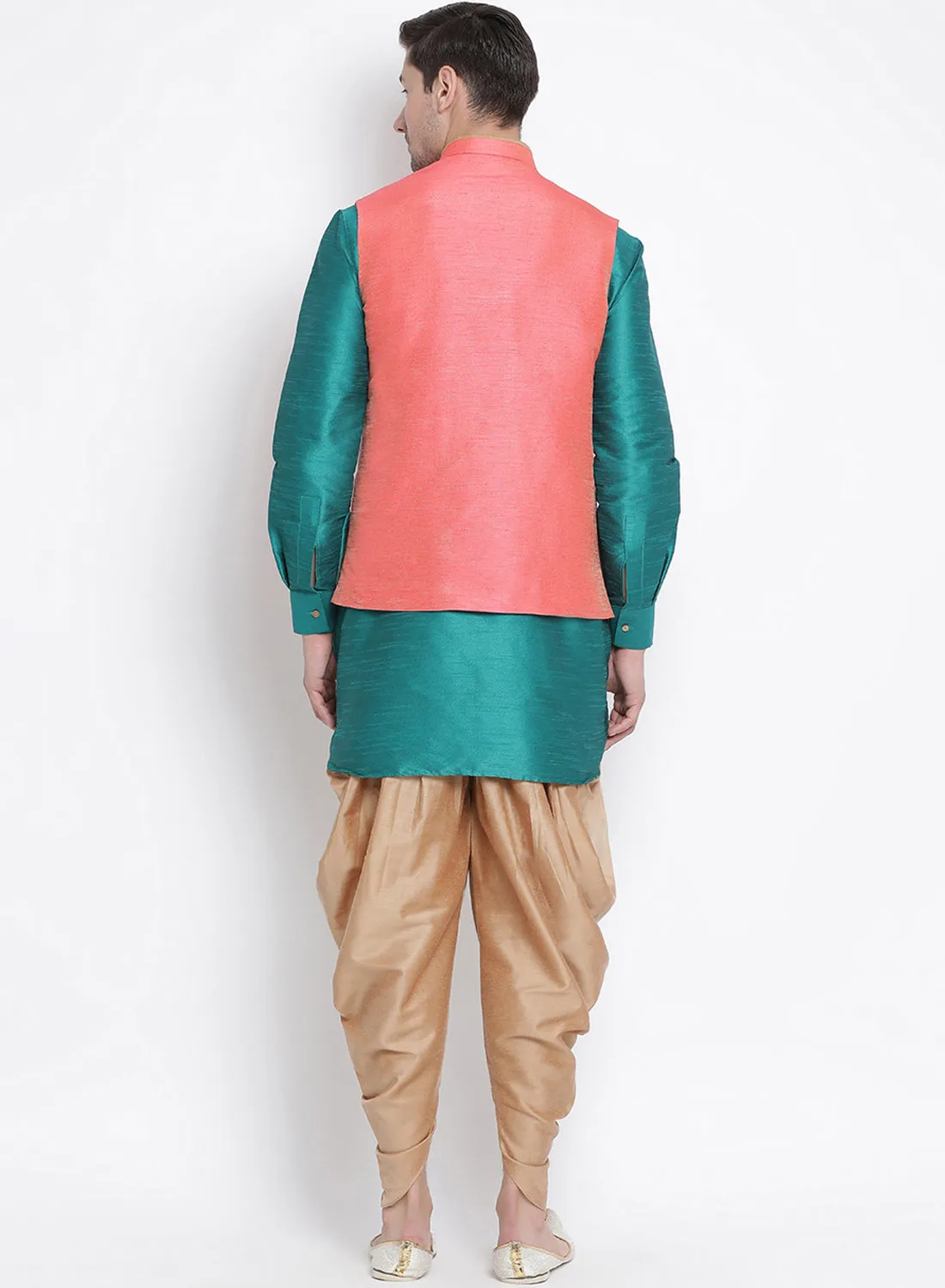 Green Cotton Silk Blend Ethnic Jacket, Kurta, and Dhoti Pant Set for Men by VASTRAMAY