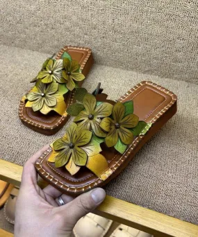 Yellow Green Floral Slide Sandals made from Cowhide Leather