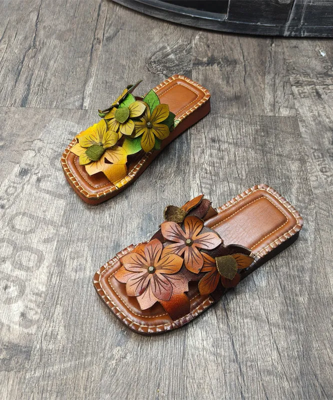 Yellow Green Floral Slide Sandals made from Cowhide Leather