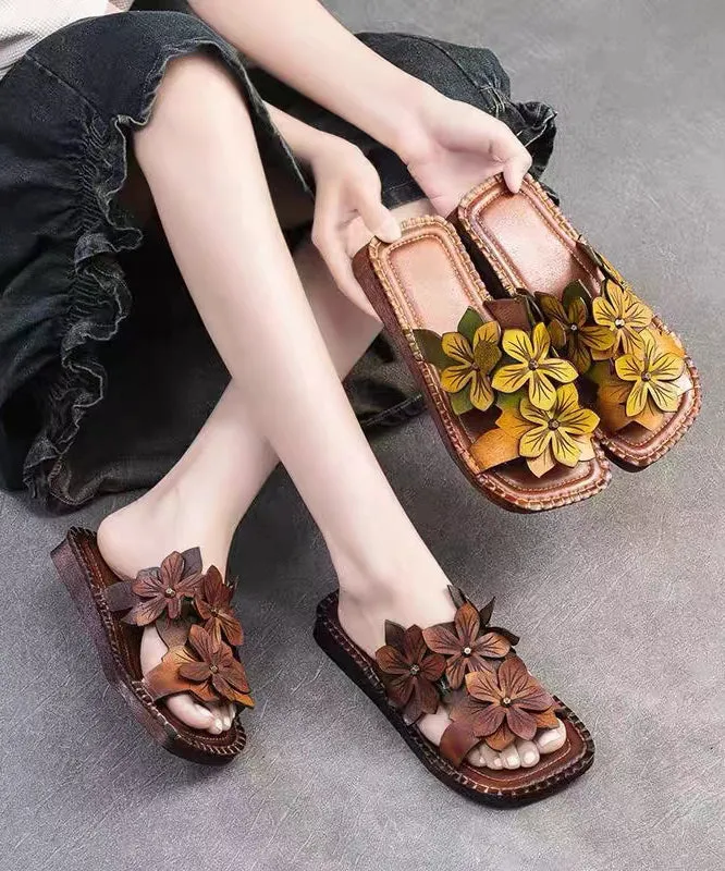 Yellow Green Floral Slide Sandals made from Cowhide Leather