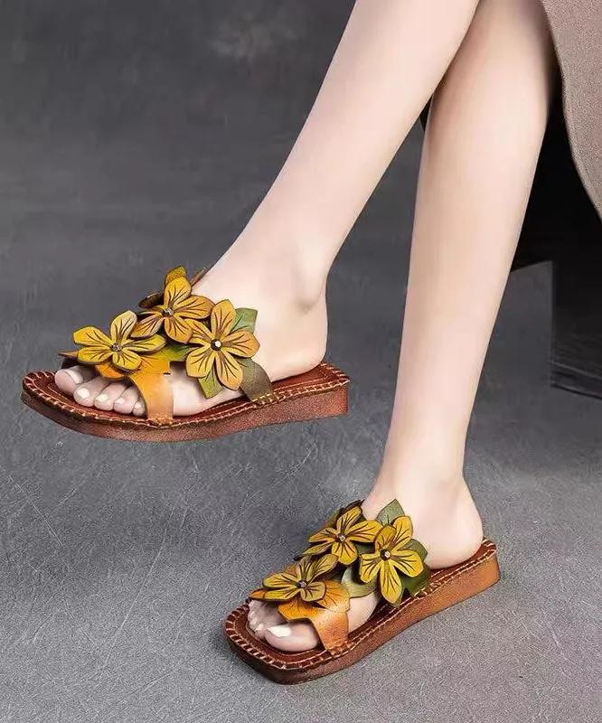 Yellow Green Floral Slide Sandals made from Cowhide Leather