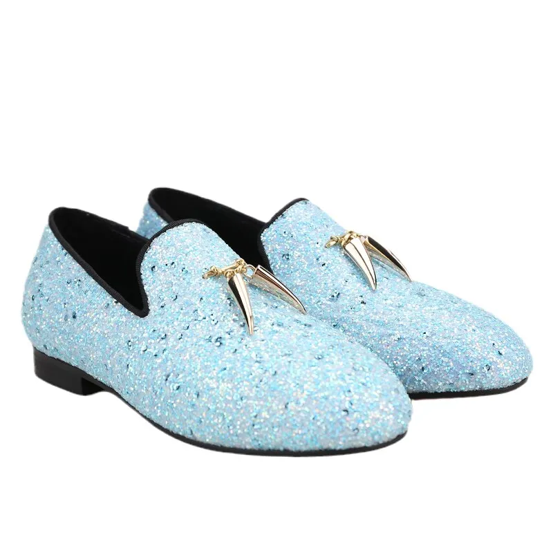 Handmade Sky Blue Kid Leather Party Loafers with Metal Tassels - OneDrop Wedding & Prom Shoes