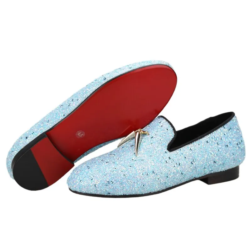 Handmade Sky Blue Kid Leather Party Loafers with Metal Tassels - OneDrop Wedding & Prom Shoes