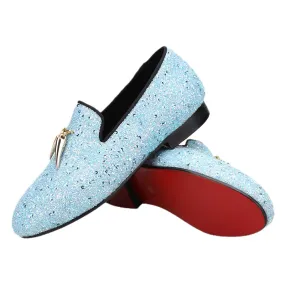 Handmade Sky Blue Kid Leather Party Loafers with Metal Tassels - OneDrop Wedding & Prom Shoes