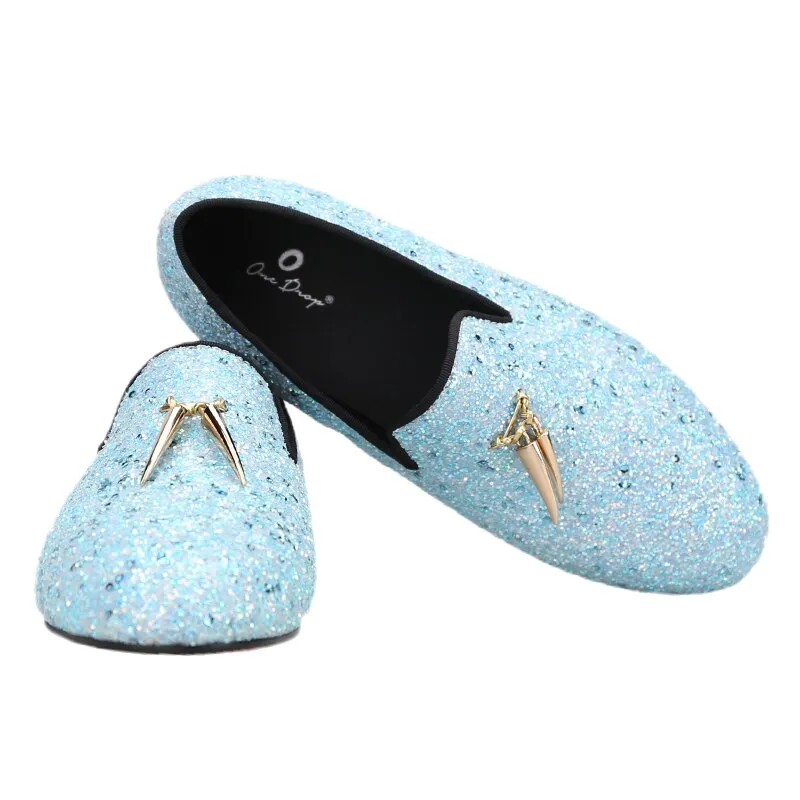 Handmade Sky Blue Kid Leather Party Loafers with Metal Tassels - OneDrop Wedding & Prom Shoes