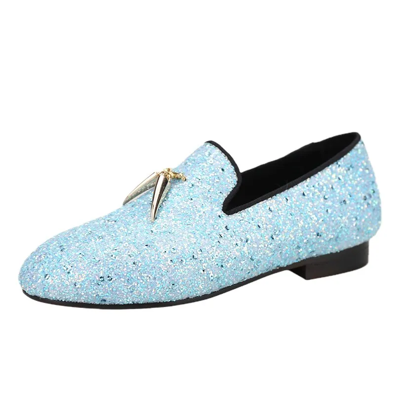 Handmade Sky Blue Kid Leather Party Loafers with Metal Tassels - OneDrop Wedding & Prom Shoes