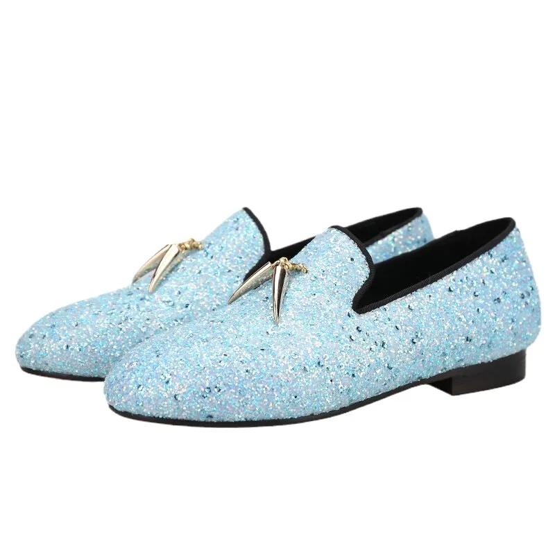 Handmade Sky Blue Kid Leather Party Loafers with Metal Tassels - OneDrop Wedding & Prom Shoes