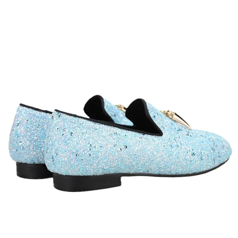 Handmade Sky Blue Kid Leather Party Loafers with Metal Tassels - OneDrop Wedding & Prom Shoes