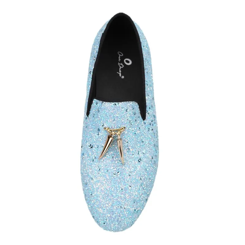 Handmade Sky Blue Kid Leather Party Loafers with Metal Tassels - OneDrop Wedding & Prom Shoes