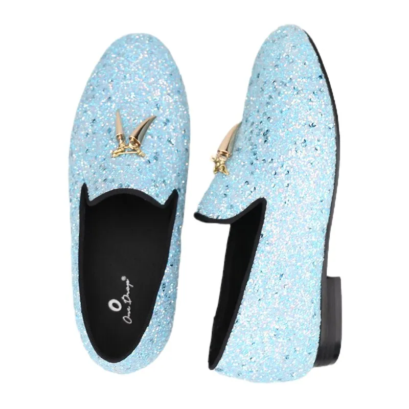 Handmade Sky Blue Kid Leather Party Loafers with Metal Tassels - OneDrop Wedding & Prom Shoes