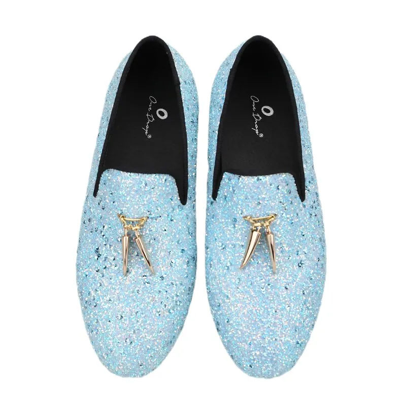 Handmade Sky Blue Kid Leather Party Loafers with Metal Tassels - OneDrop Wedding & Prom Shoes