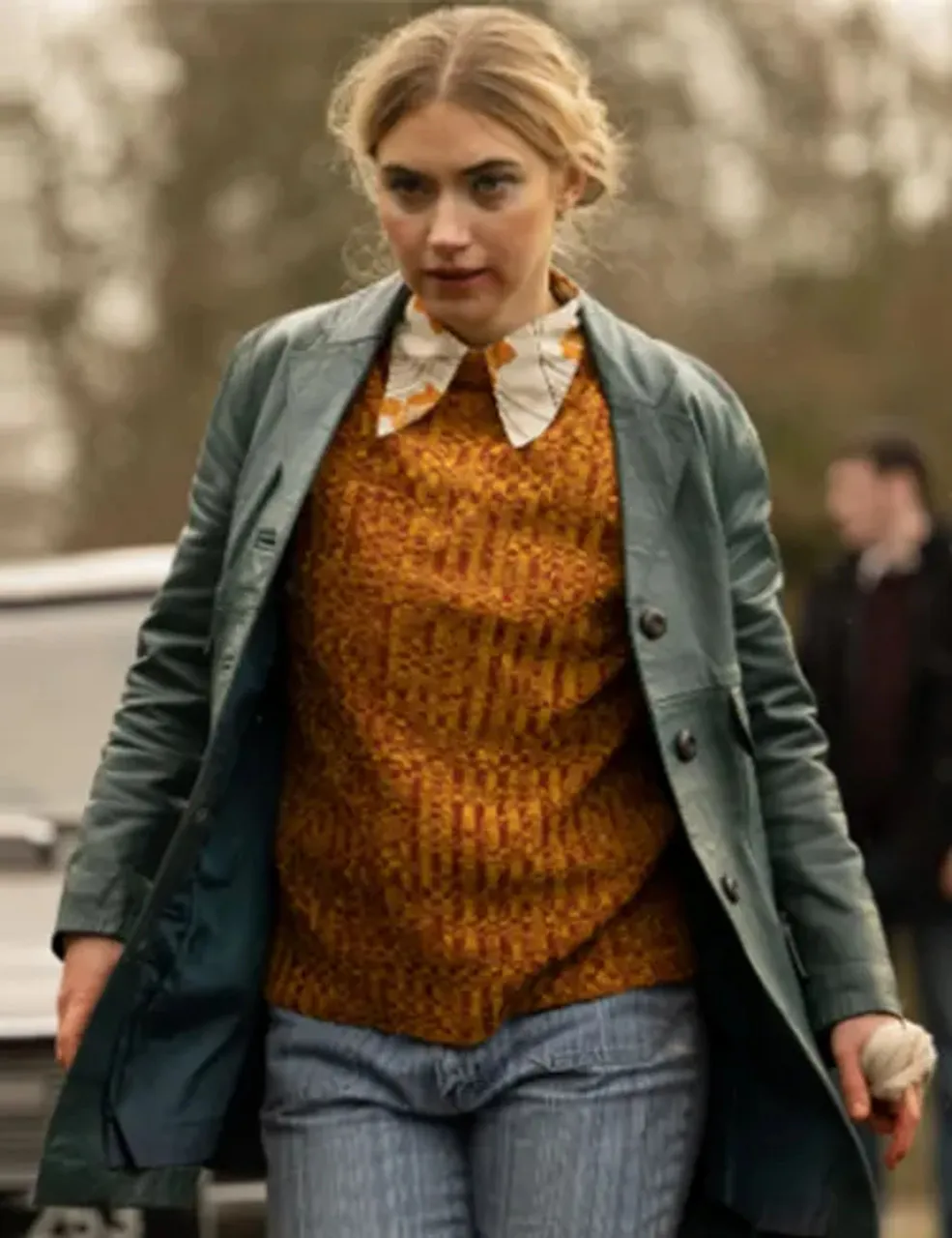 Imogen Poots leather coat - Roses War