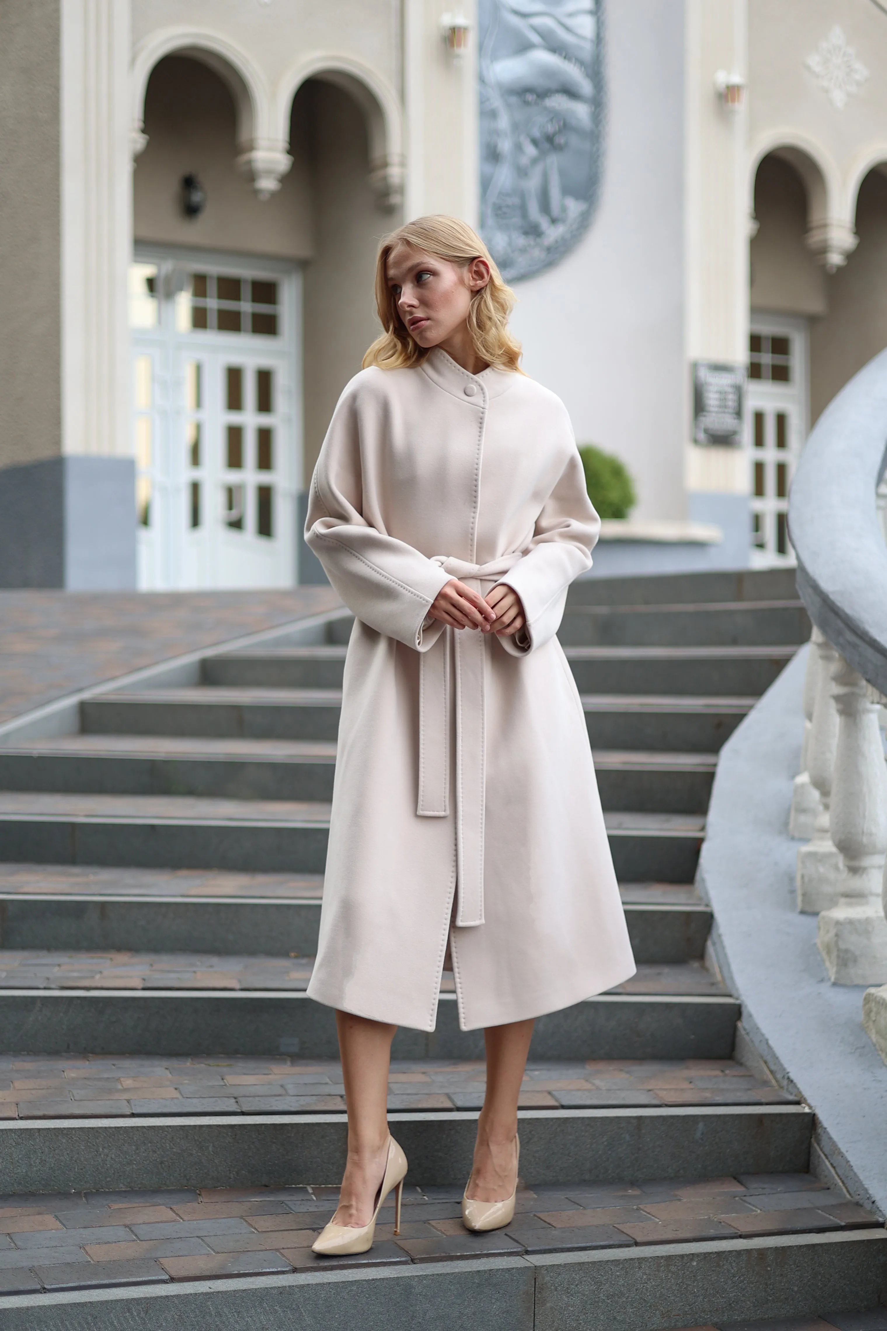 Ivory Band Collar Wool Blend Coat