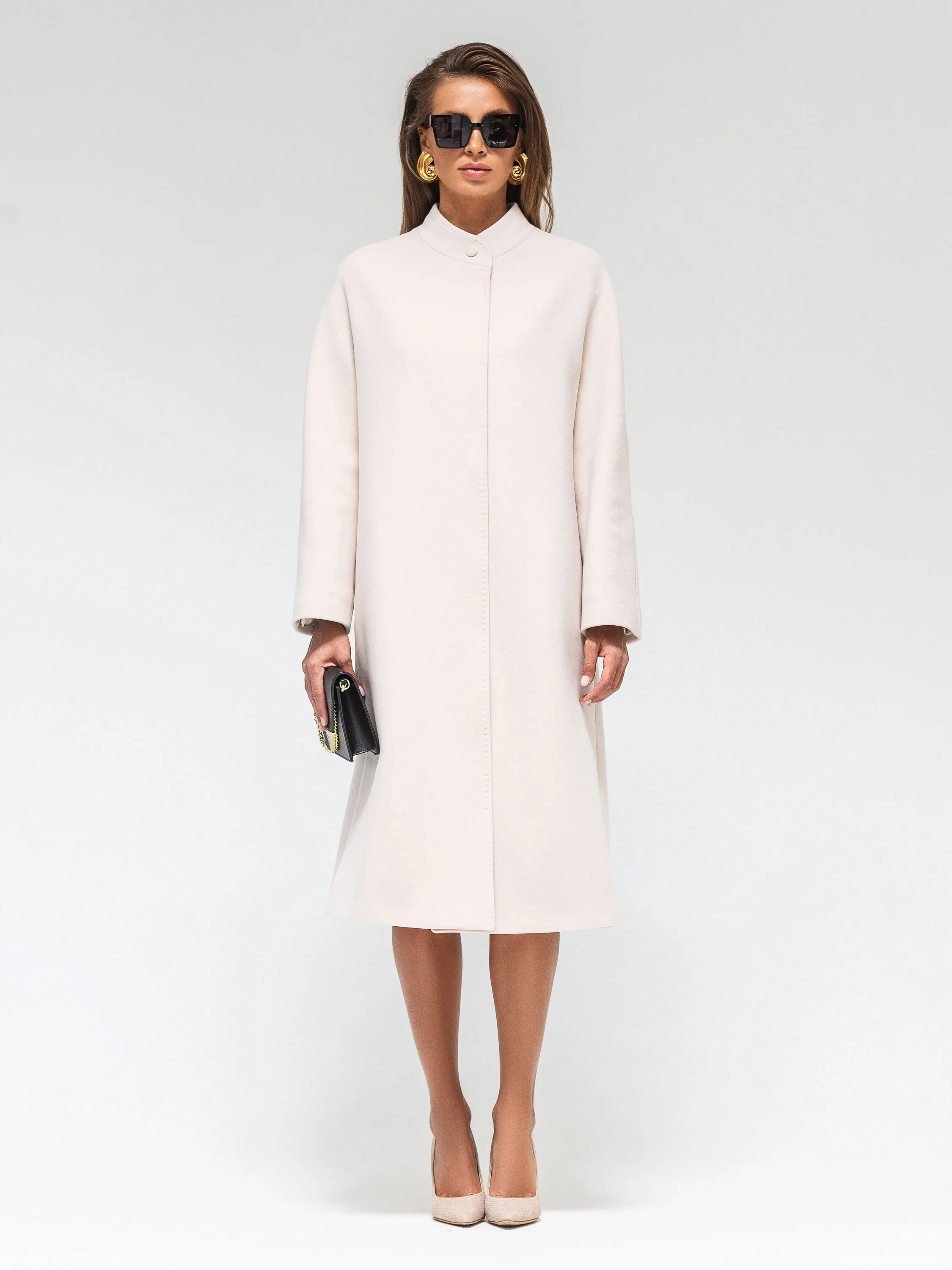 Ivory Band Collar Wool Blend Coat