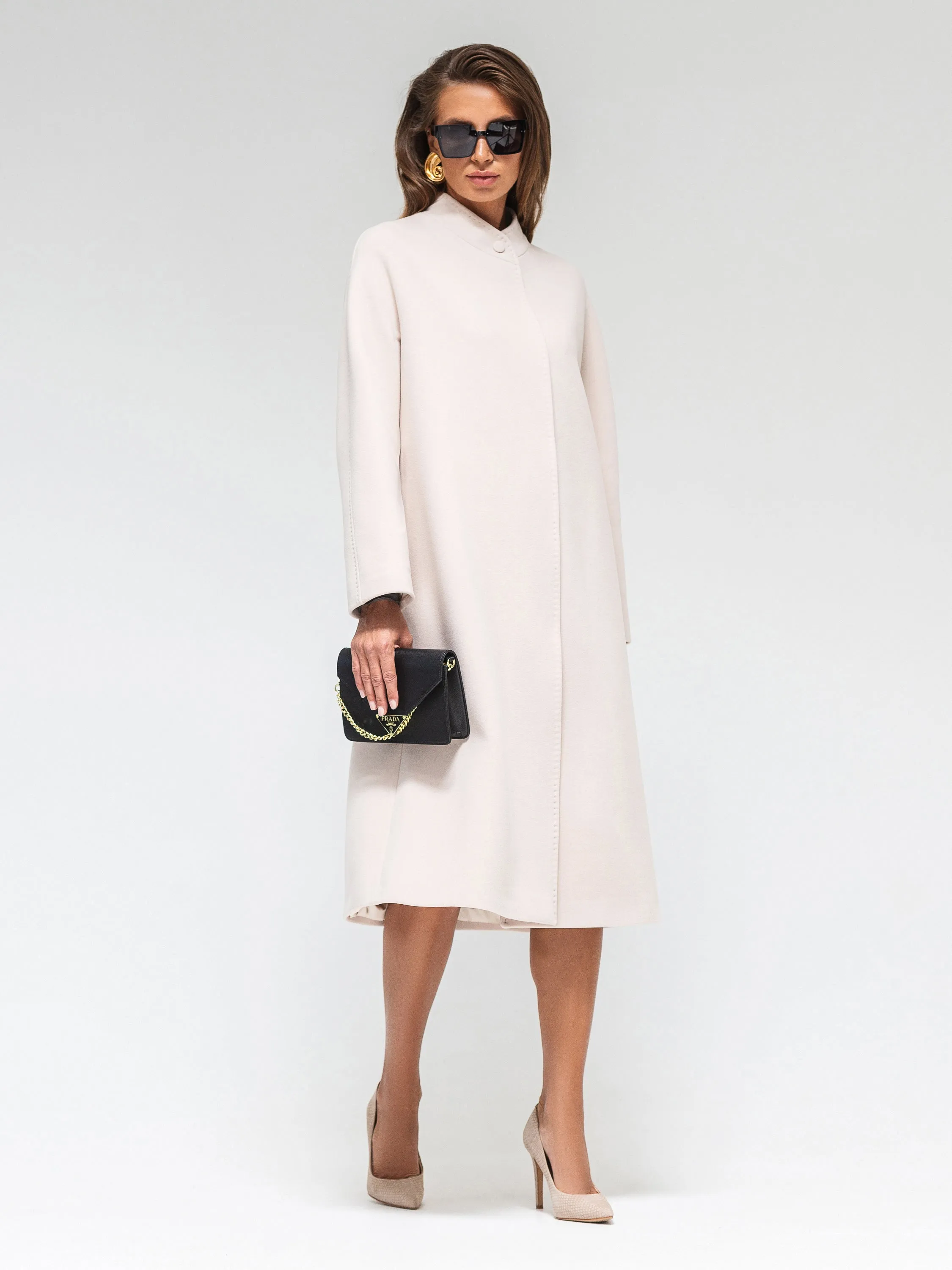 Ivory Band Collar Wool Blend Coat