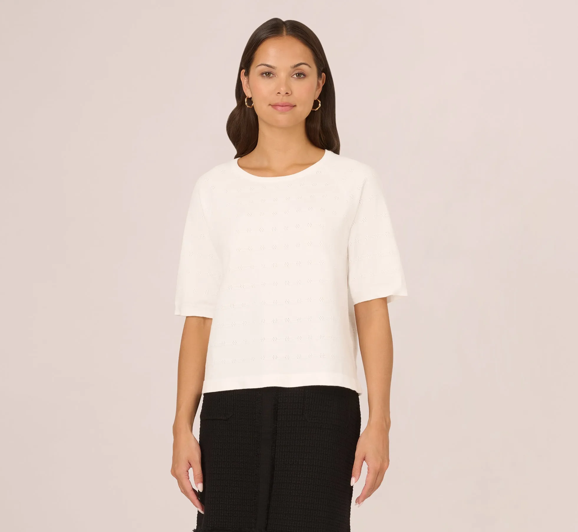 Ivory Pointelle Sweater with Crew Neck - Short Sleeve 