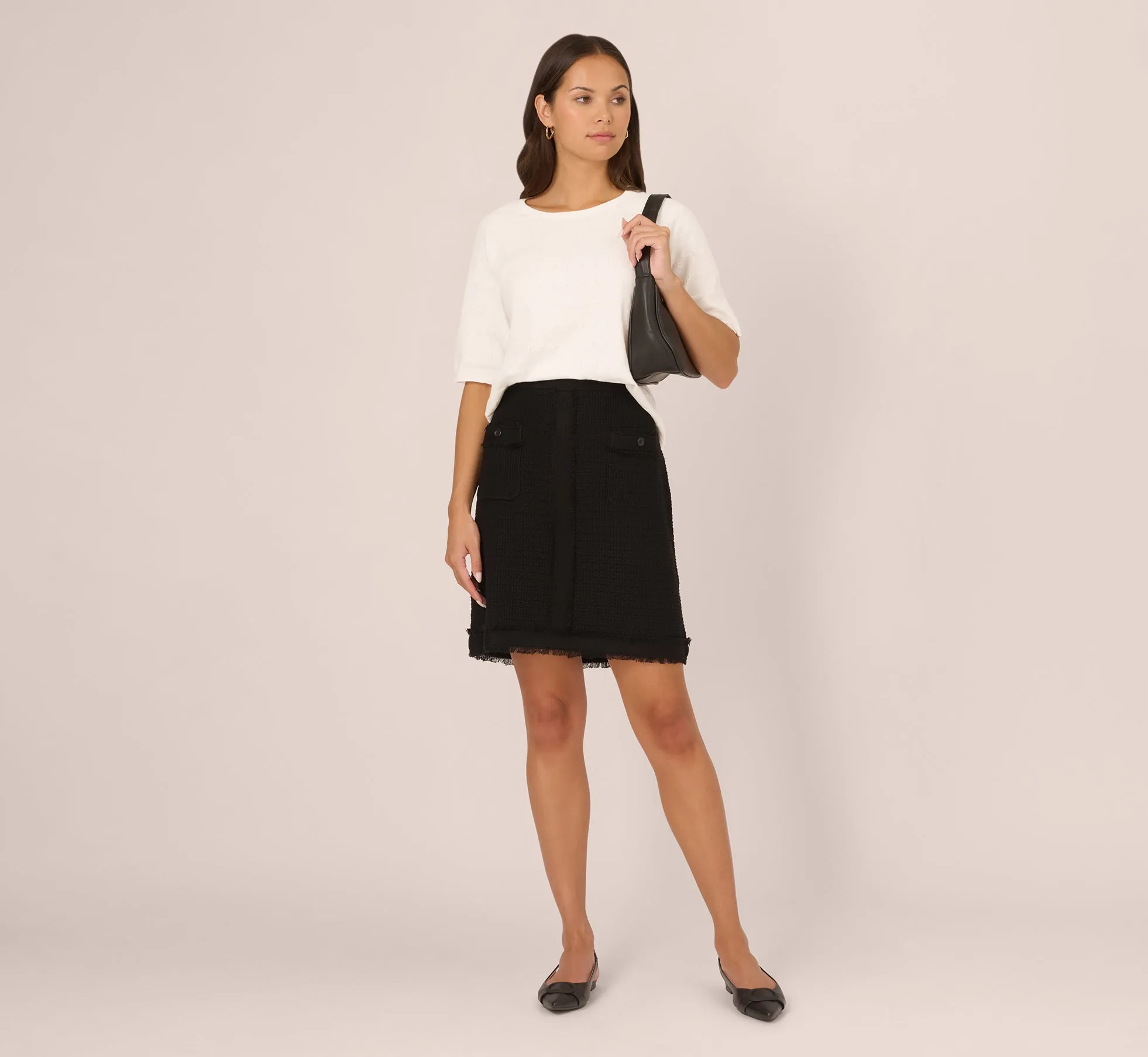 Ivory Pointelle Sweater with Crew Neck - Short Sleeve 