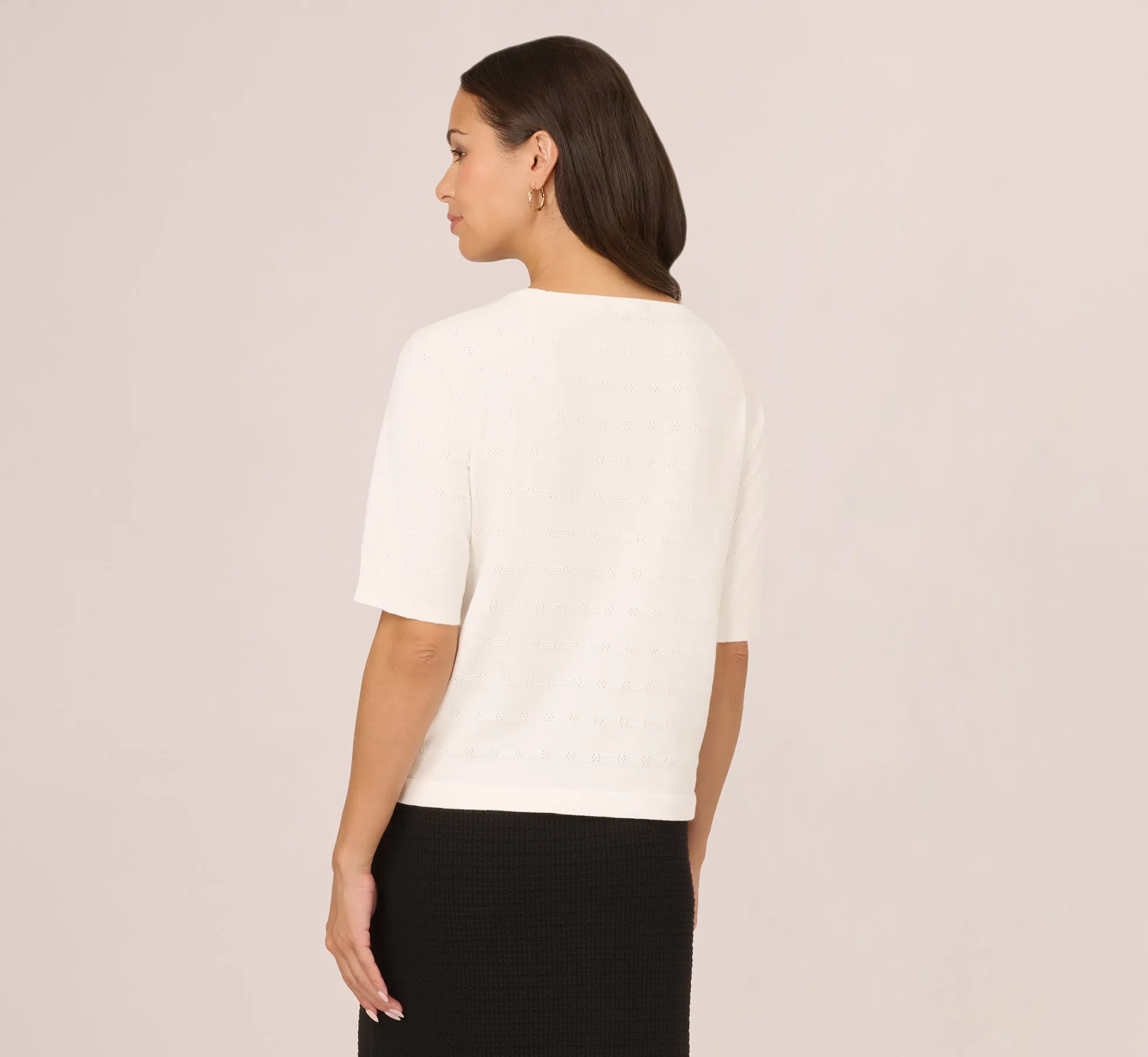 Ivory Pointelle Sweater with Crew Neck - Short Sleeve 