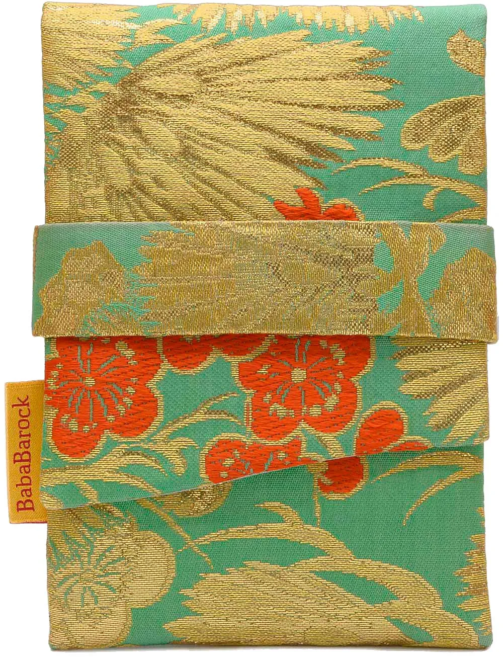 Japanese Vintage Silk Foldover Pouch - Golden Pine Leaves & Orange Blossoms