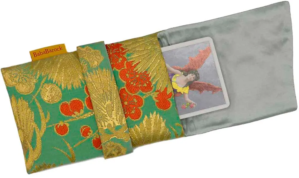 Japanese Vintage Silk Foldover Pouch - Golden Pine Leaves & Orange Blossoms