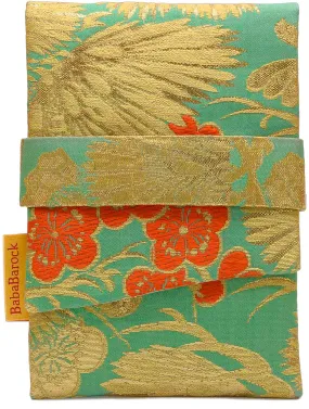 Japanese Vintage Silk Foldover Pouch - Golden Pine Leaves & Orange Blossoms