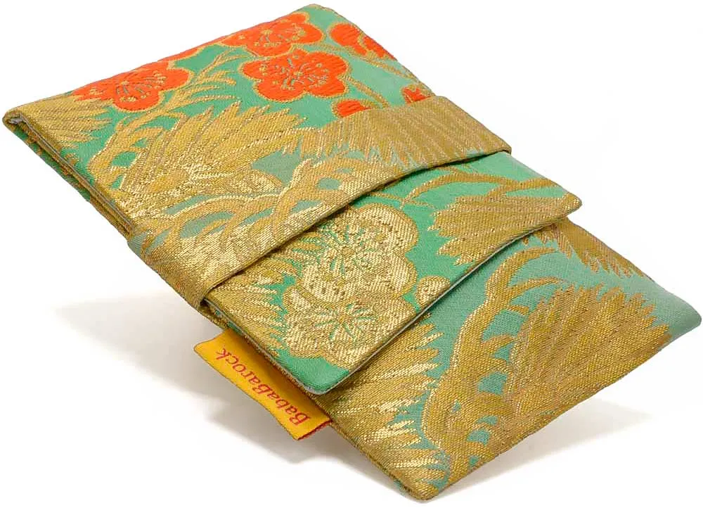 Japanese Vintage Silk Foldover Pouch - Golden Pine Leaves & Orange Blossoms