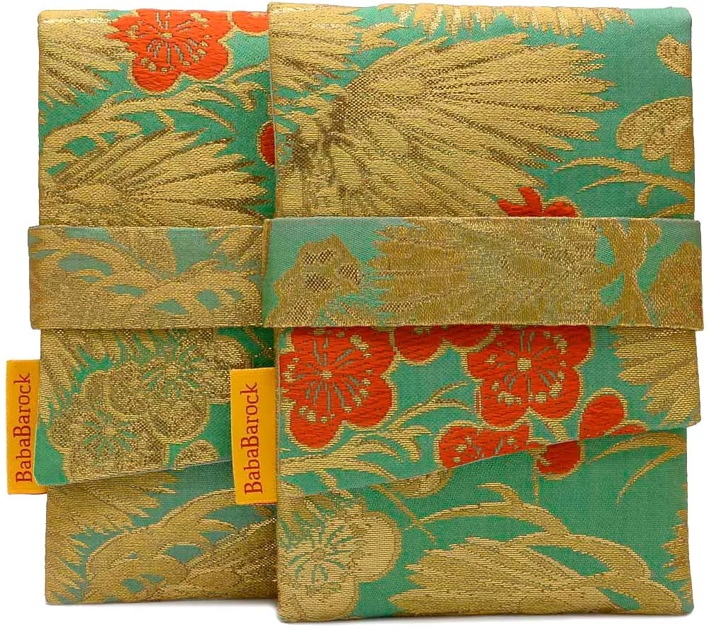 Japanese Vintage Silk Foldover Pouch - Golden Pine Leaves & Orange Blossoms