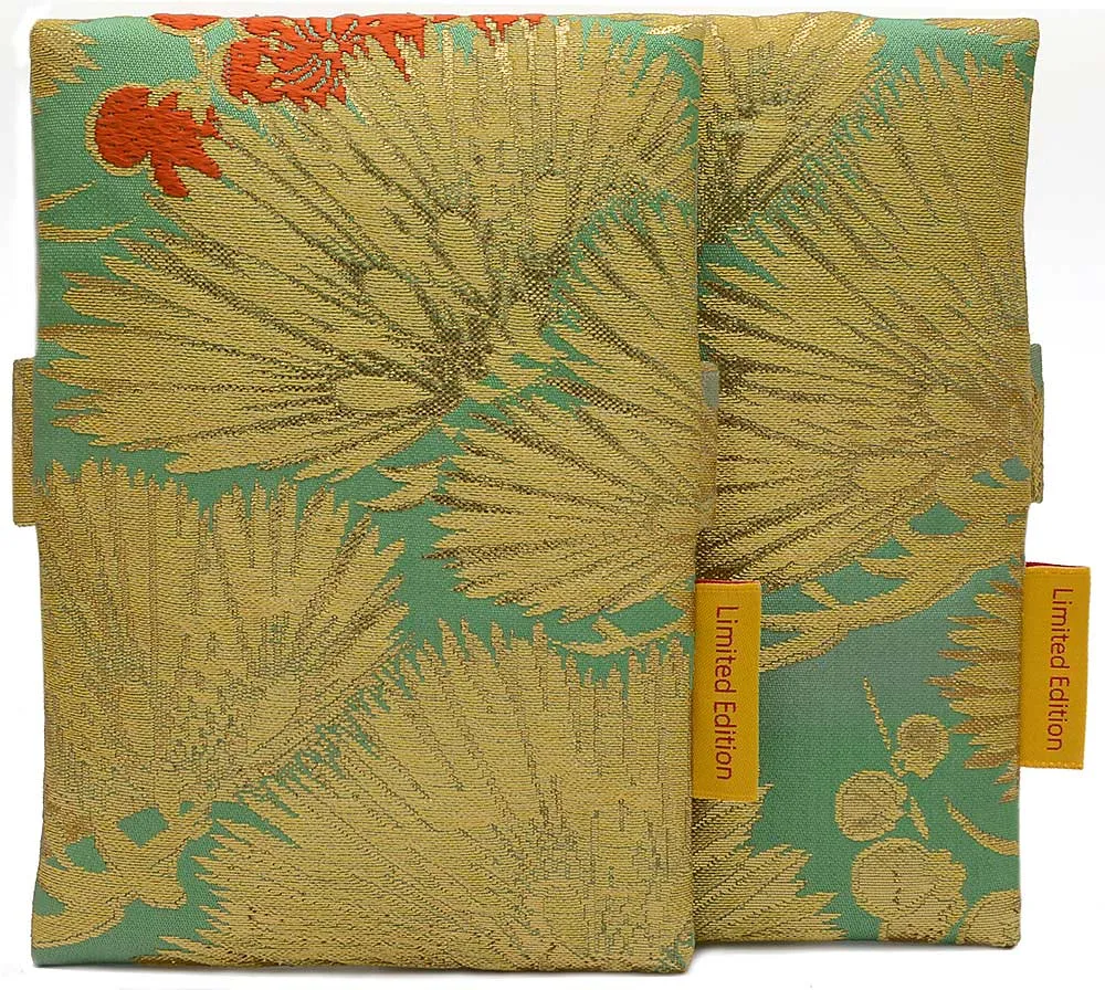 Japanese Vintage Silk Foldover Pouch - Golden Pine Leaves & Orange Blossoms