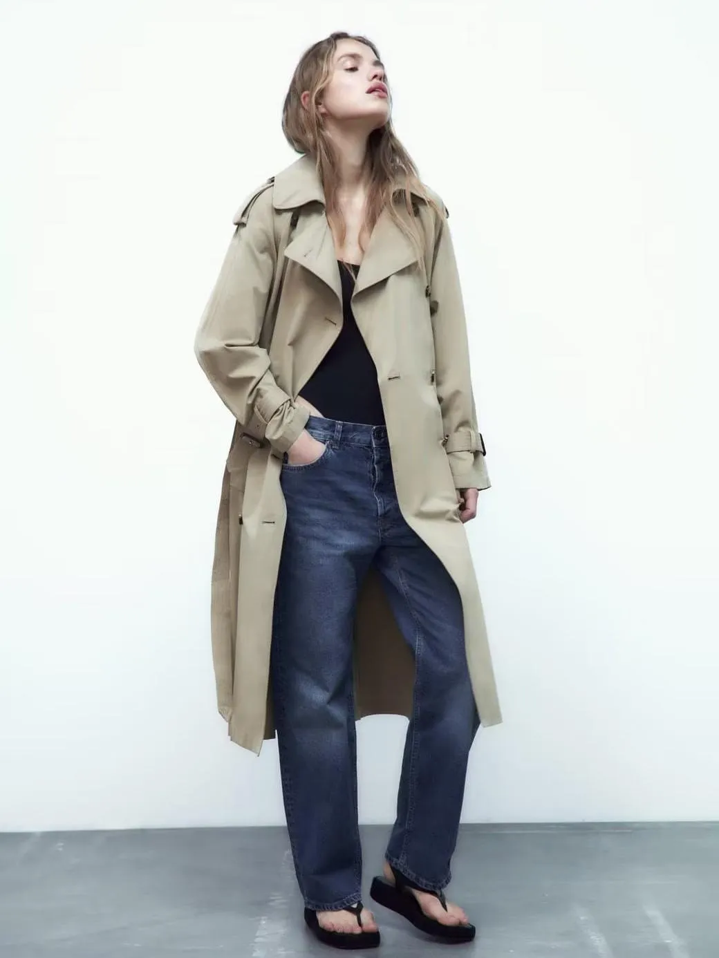 Khaki Trench Coat with Turndown Collar and Long Sleeves for Women