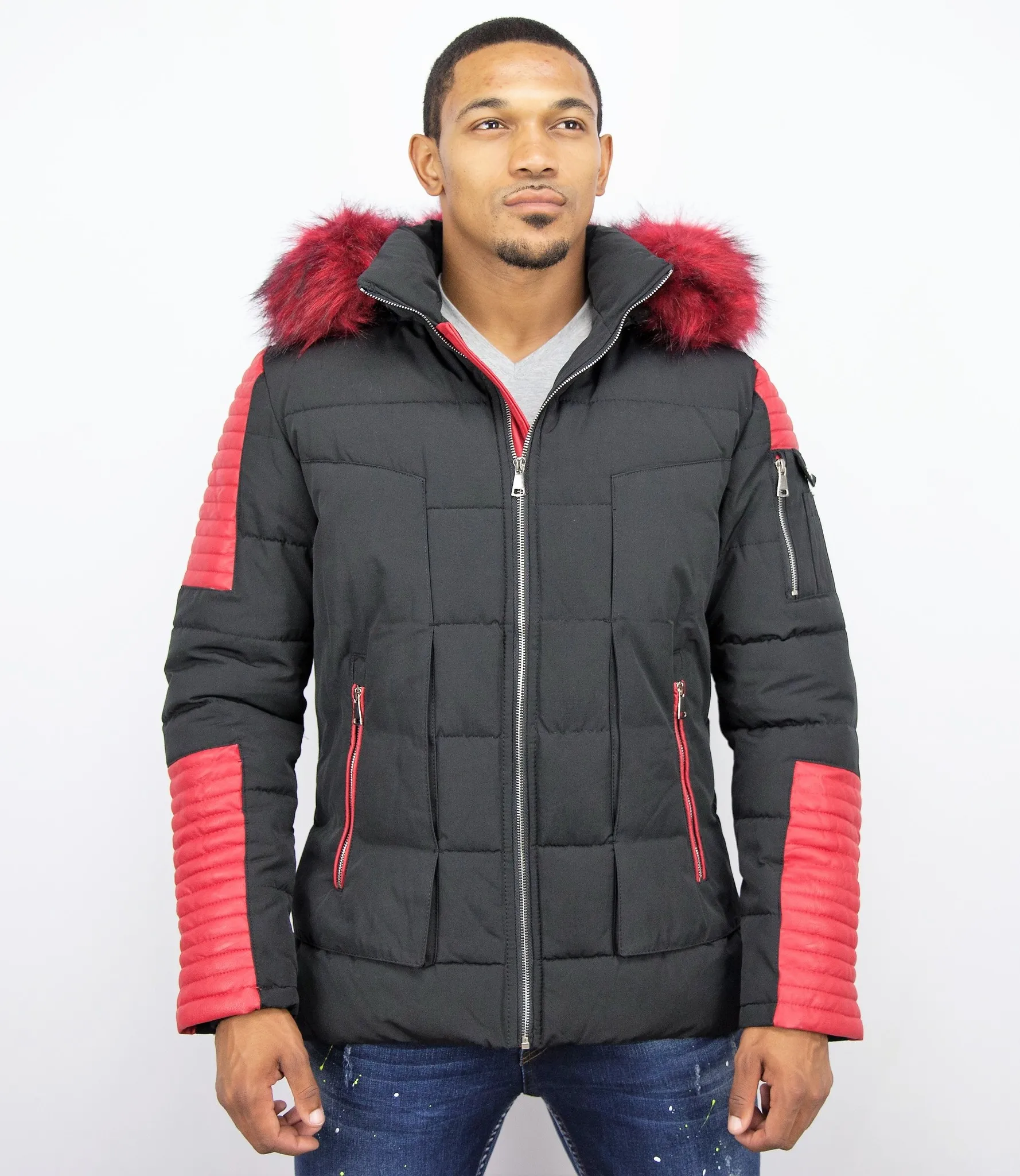 Leather Winter Coat Black Red