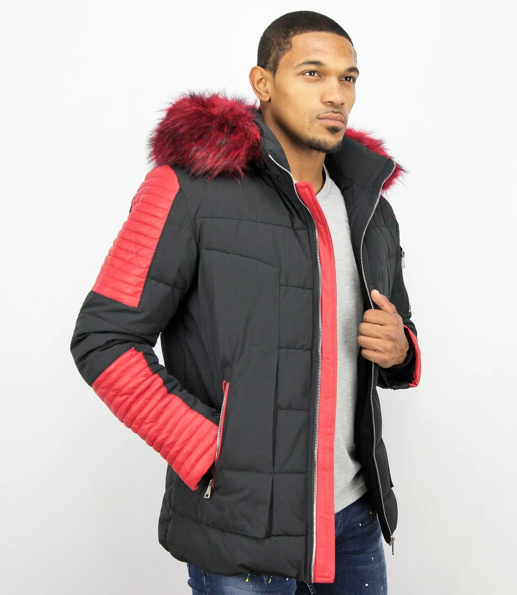 Leather Winter Coat Black Red