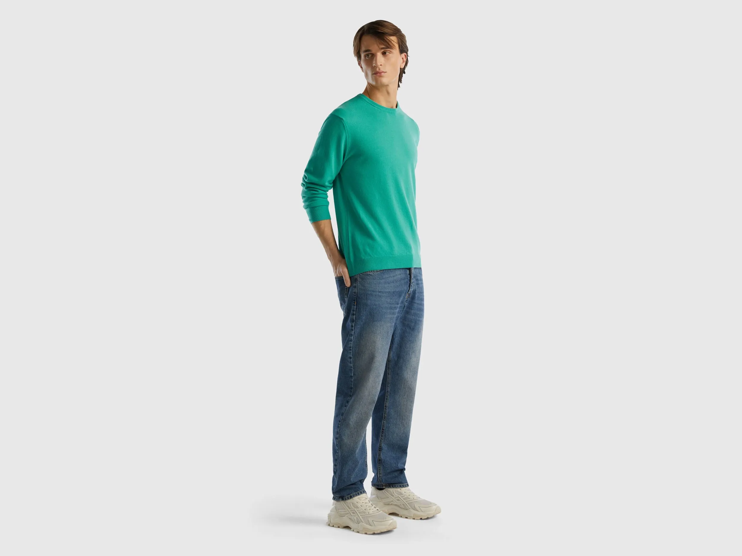 Light Green Merino Wool Crew Neck Sweater - Benetton