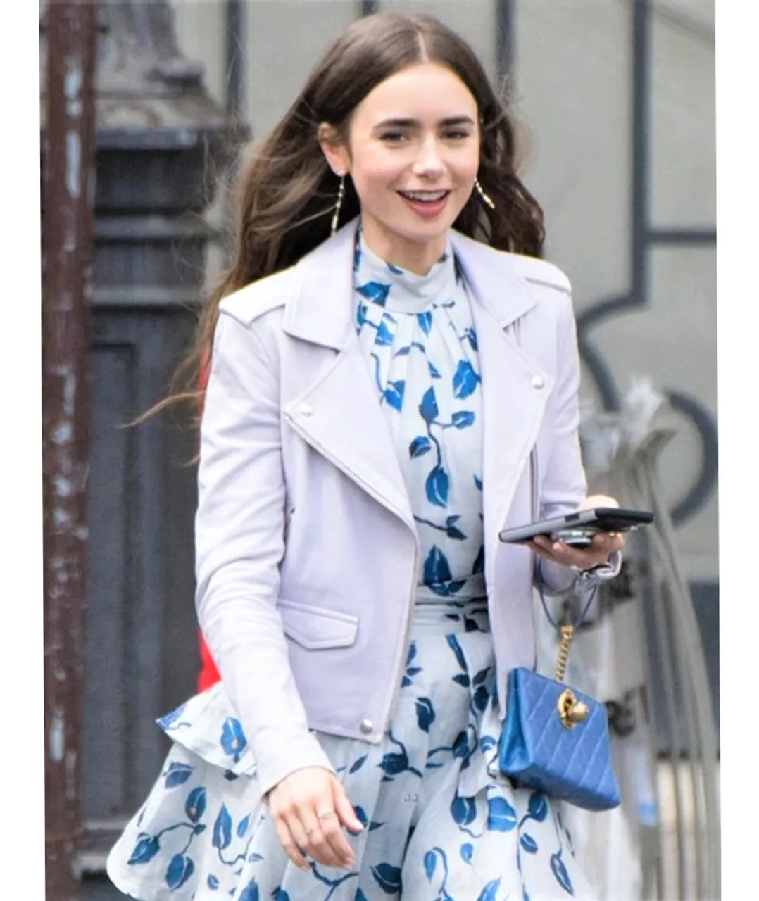 Lily Collins Emily Paris White Leather Jacket