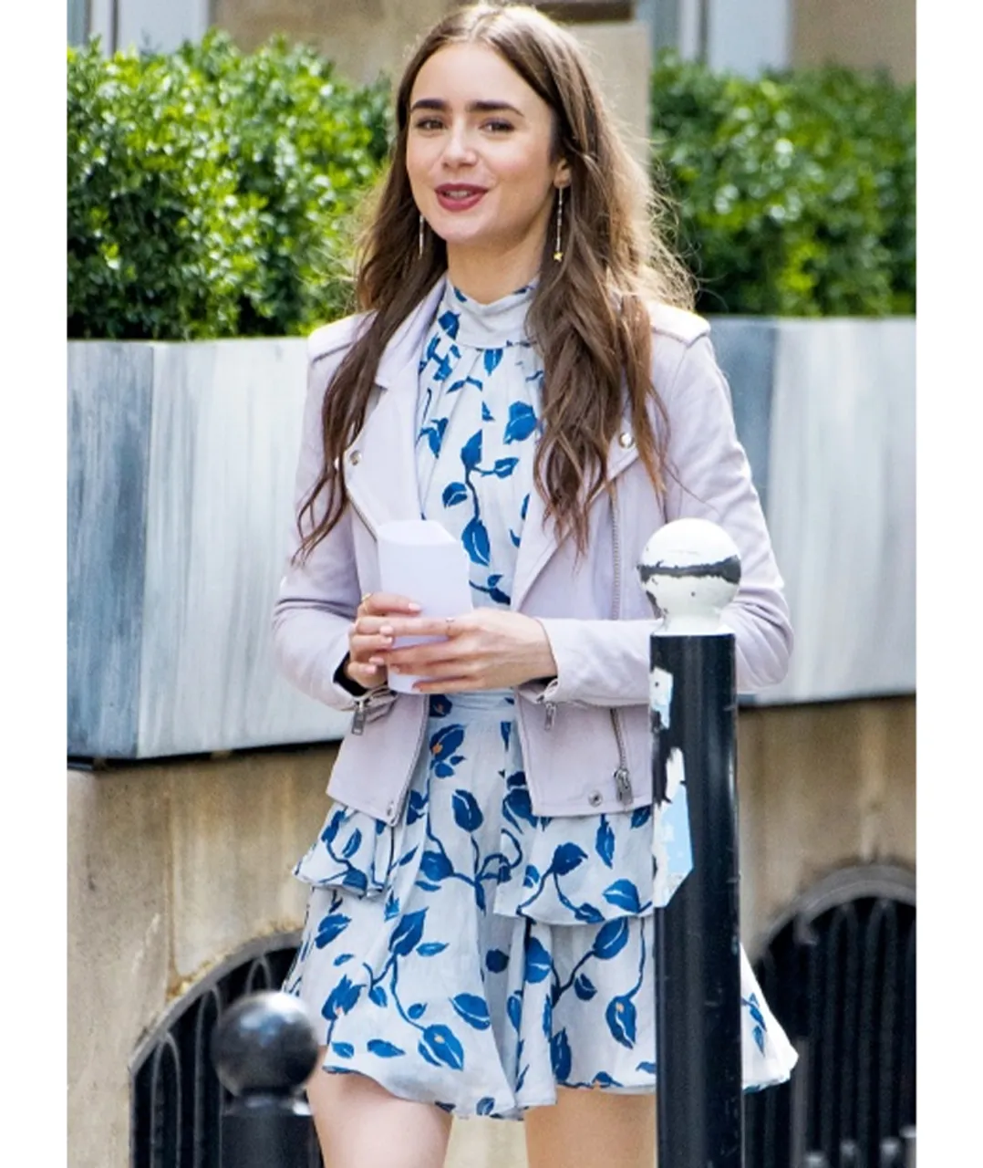 Lily Collins Emily Paris White Leather Jacket