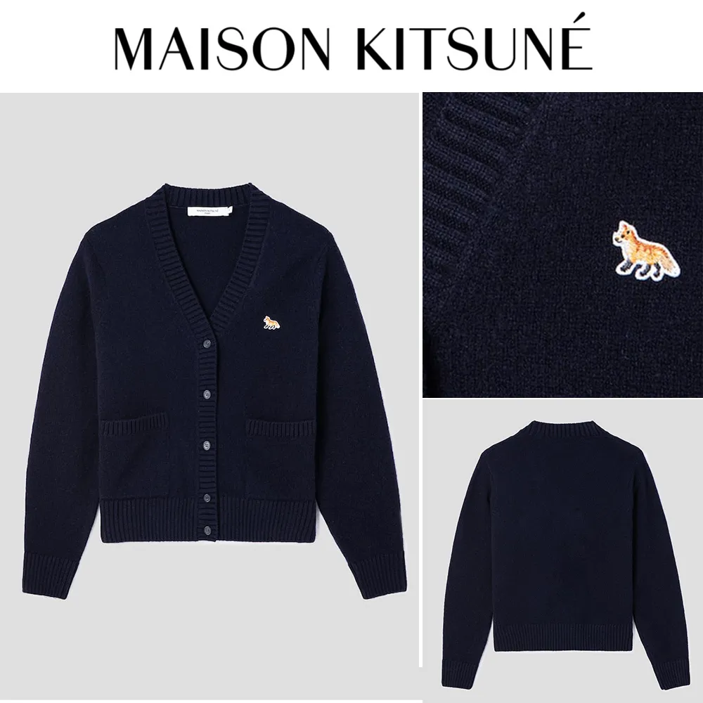 Maison Kitsune Unisex Animal Logo Cardigans with Plain and Other Patterns.