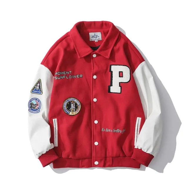 Men's Streetwear Varsity Bomber Jacket with Applique Embroidery Leather Sleeve