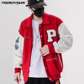 Men's Streetwear Varsity Bomber Jacket with Applique Embroidery Leather Sleeve