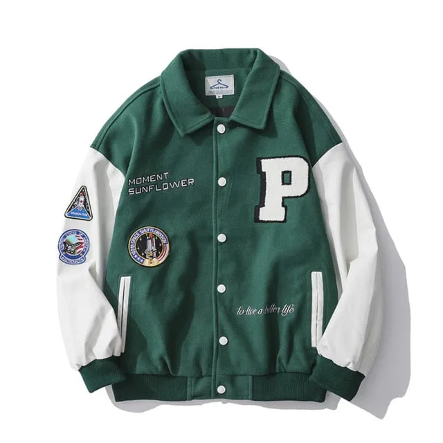 Men's Streetwear Varsity Bomber Jacket with Applique Embroidery Leather Sleeve