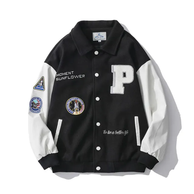 Men's Streetwear Varsity Bomber Jacket with Applique Embroidery Leather Sleeve