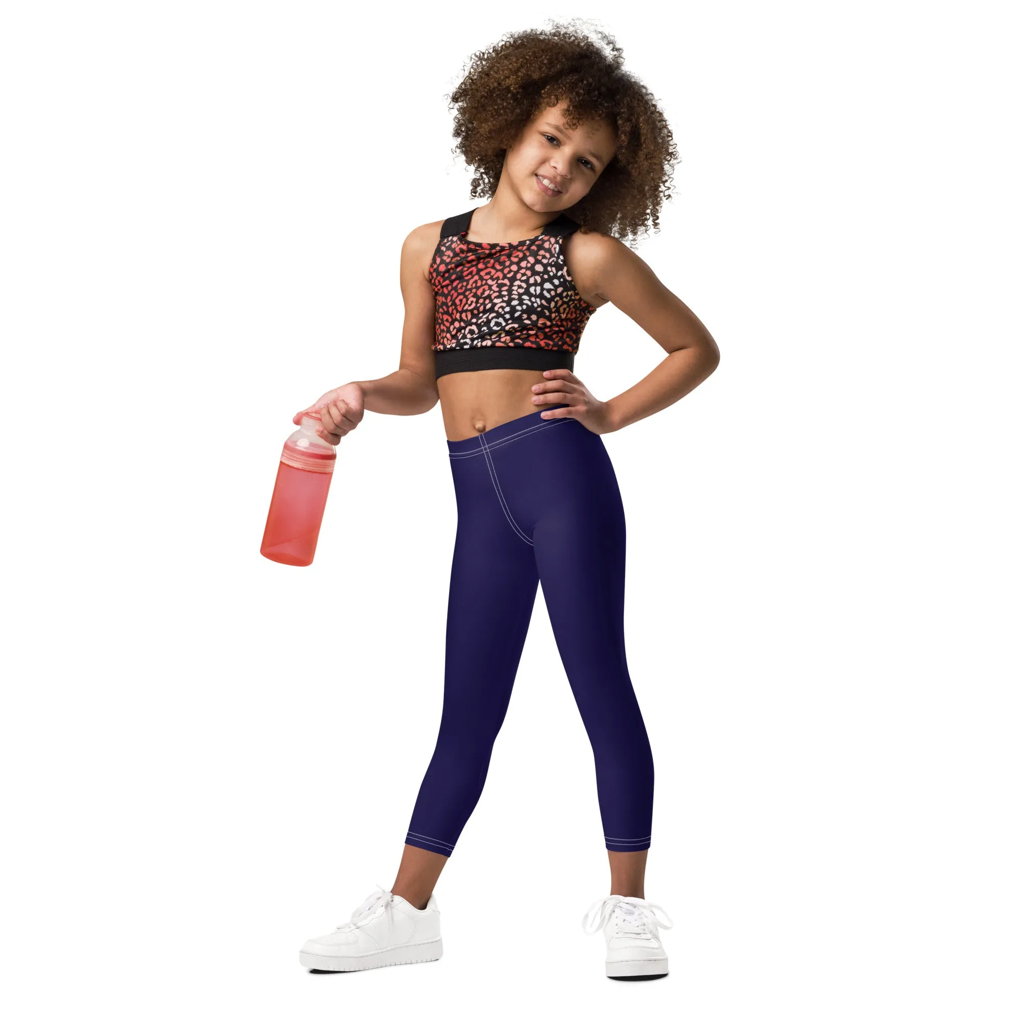 Midnight Blue Girls' Workout Leggings with Solid Color - Playtime Perfection