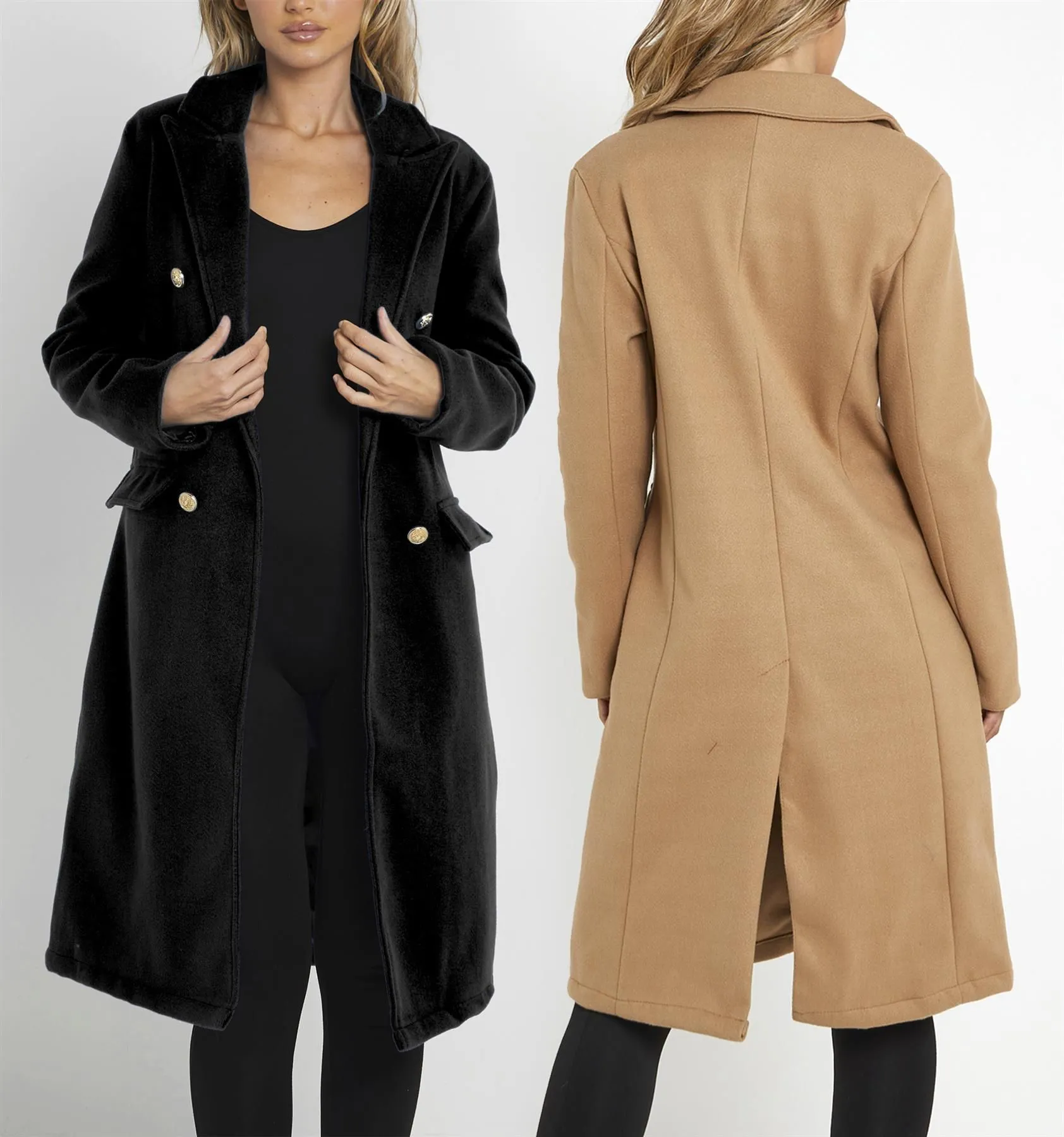 Military Wool-look Trench Coat Black Camel Blue UK Sizes 8 to 16