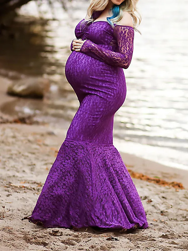 Elegant Purple Lace Off Shoulder Mermaid Maternity Maxi Dress