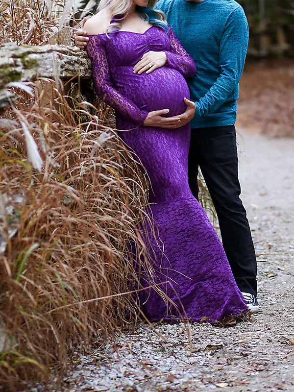 Elegant Purple Lace Off Shoulder Mermaid Maternity Maxi Dress