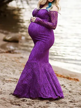 Elegant Purple Lace Off Shoulder Mermaid Maternity Maxi Dress