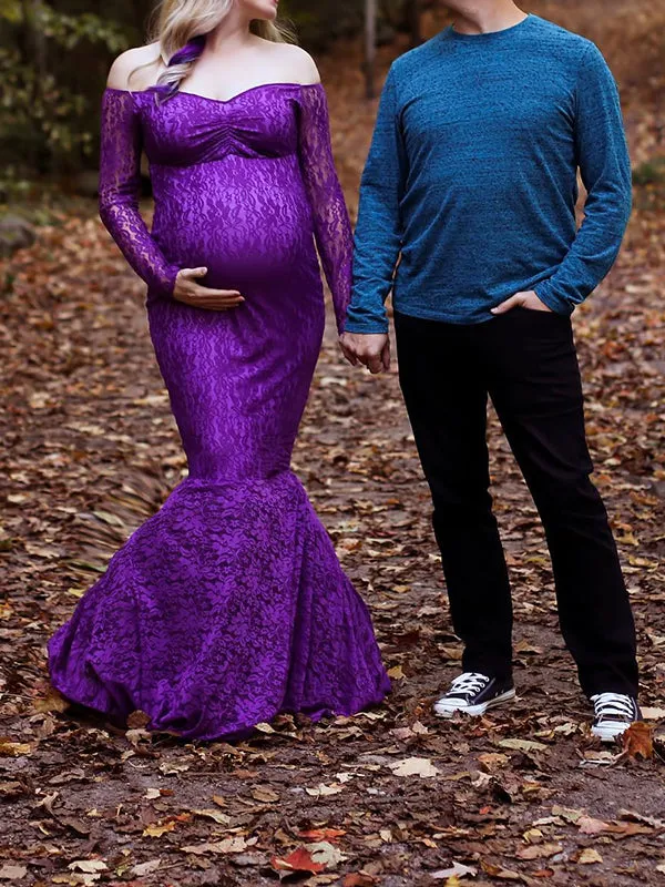 Elegant Purple Lace Off Shoulder Mermaid Maternity Maxi Dress