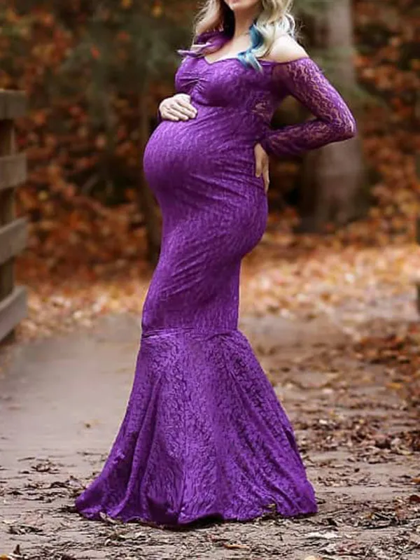 Elegant Purple Lace Off Shoulder Mermaid Maternity Maxi Dress