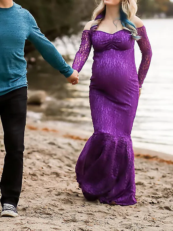 Elegant Purple Lace Off Shoulder Mermaid Maternity Maxi Dress