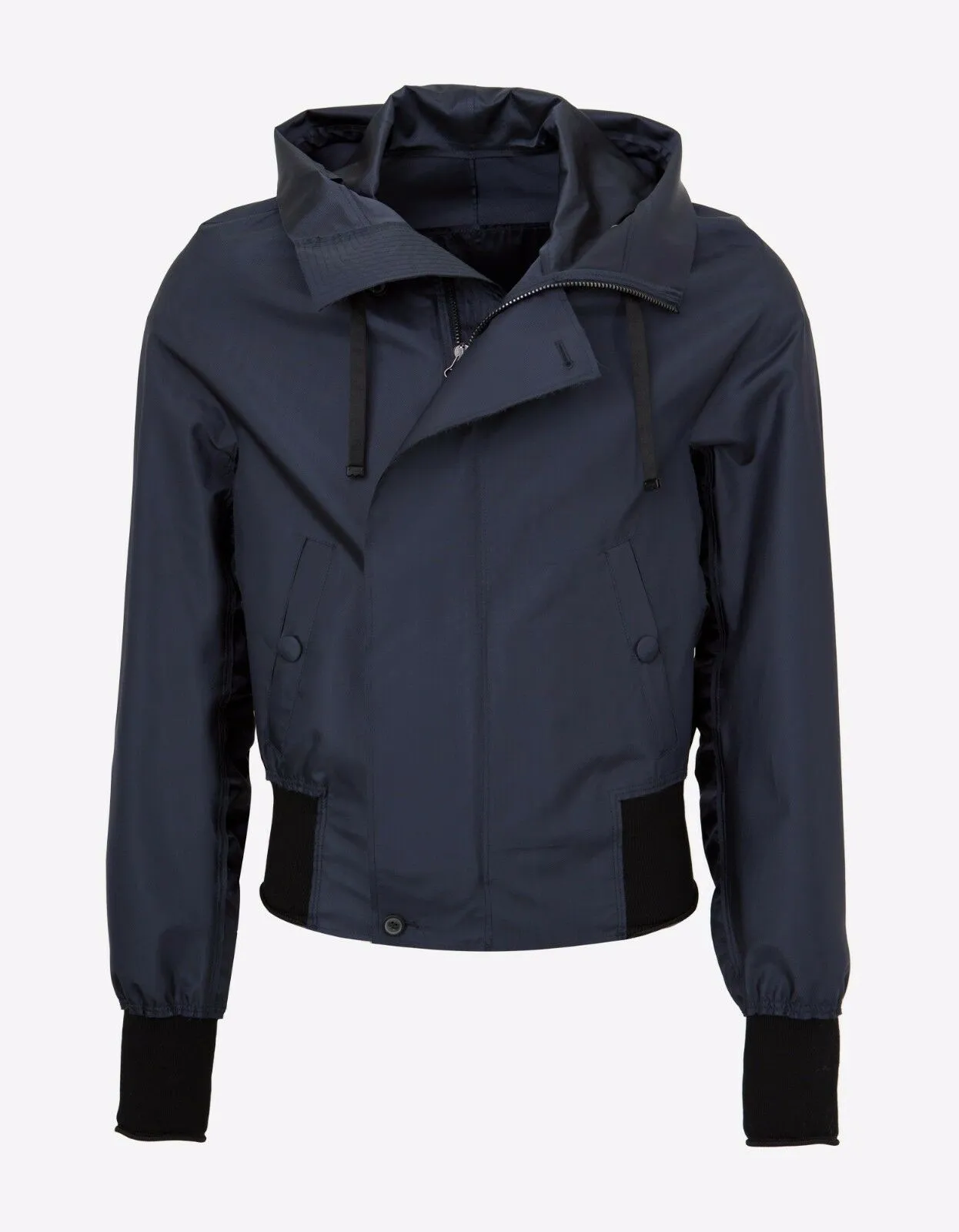 Stylish Navy Blue Viscose Hooded Blouson Jacket with Raw Edge