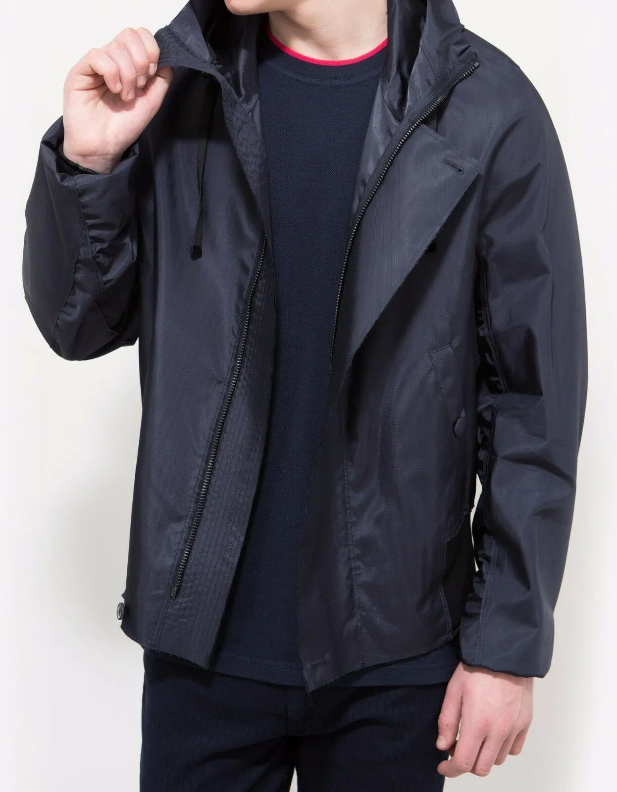 Stylish Navy Blue Viscose Hooded Blouson Jacket with Raw Edge